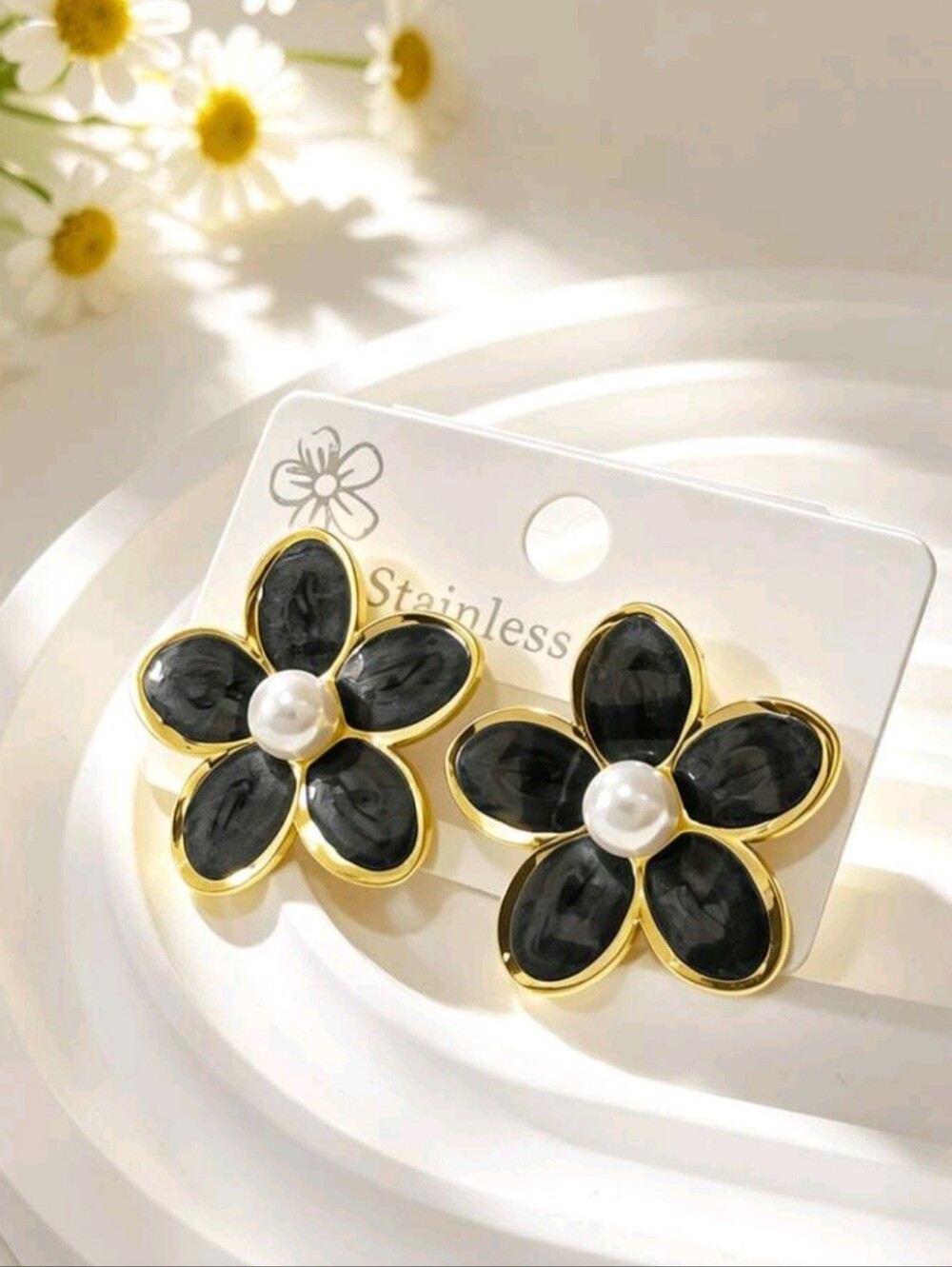 Gold-Tone Black Petal Pearl Center Flower Earrings - Women Jewelry